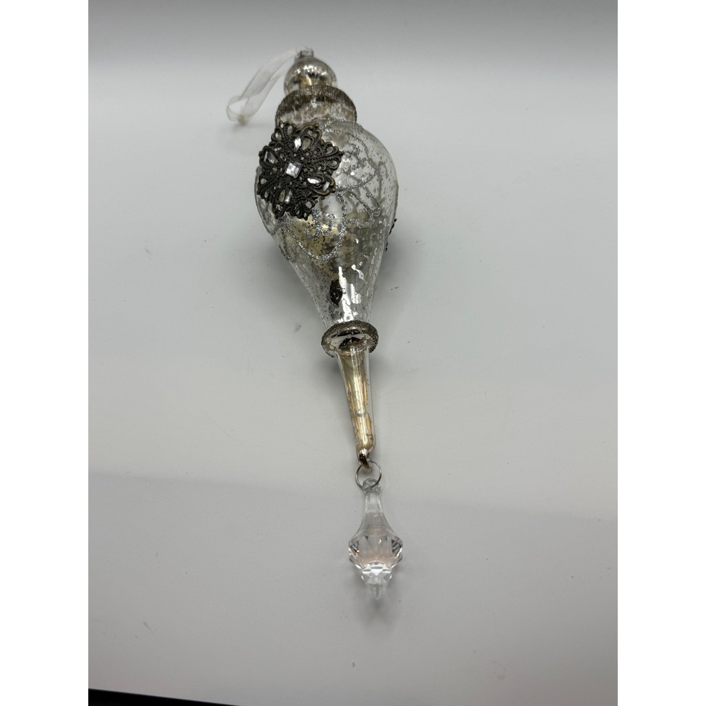 Mercury Glass Finial Christmas Ornament Silver Glitter Filigree Rhinestone 10in